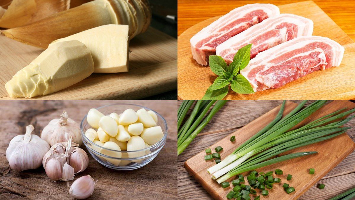 Ingredients for stir-fried bamboo shoots with pork belly