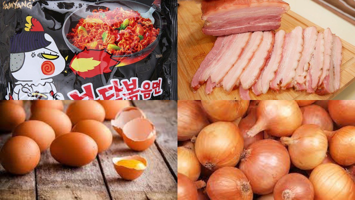 Ingredients for spicy Samyang noodles with eggs, spicy Samyang noodles with cheese, spicy Samyang noodles with bacon, and mixed Samyang noodles