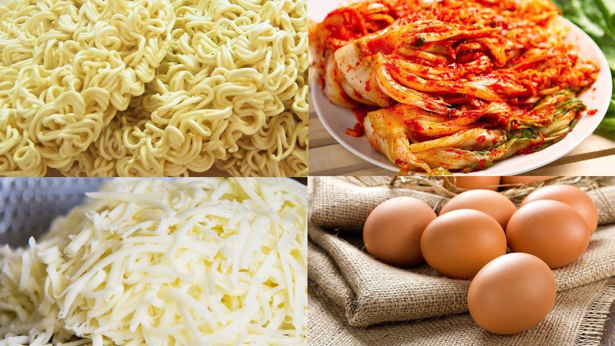 Ingredients for spicy chicken kimchi cheese sauce noodles