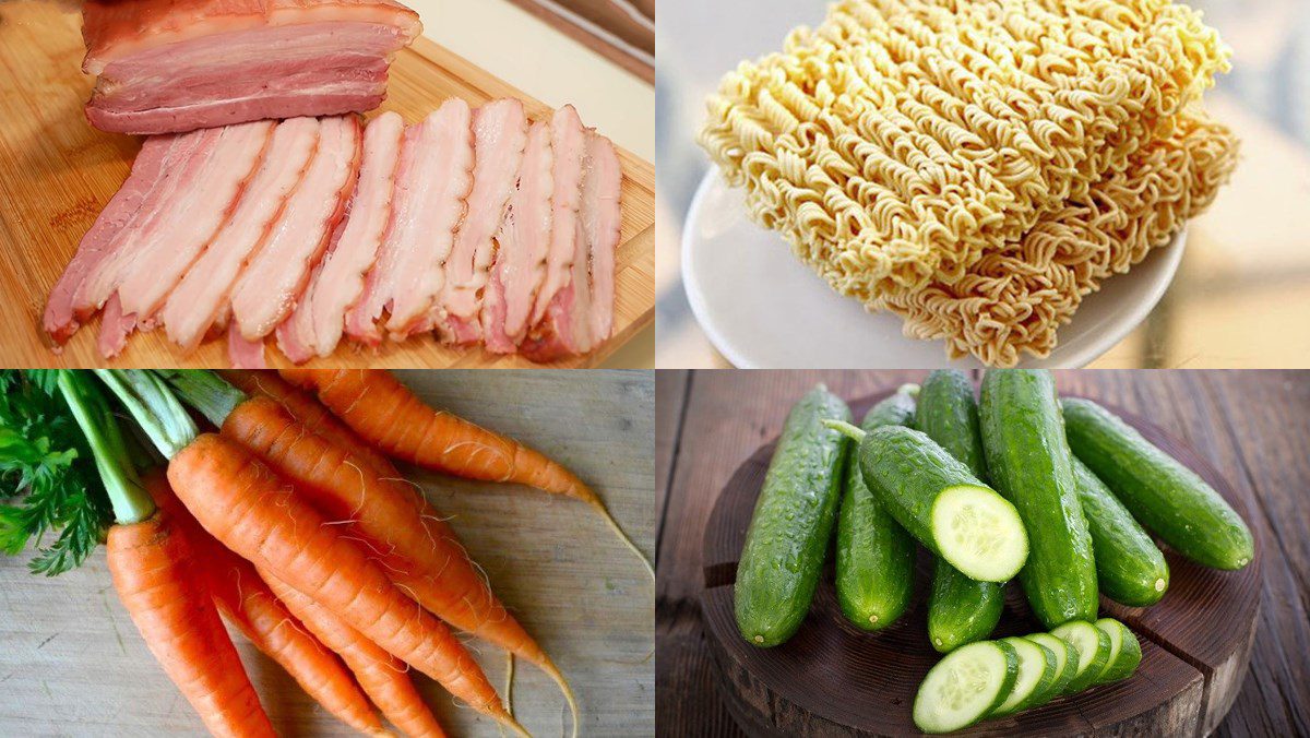 Ingredients for mixed noodle dish with vegetables