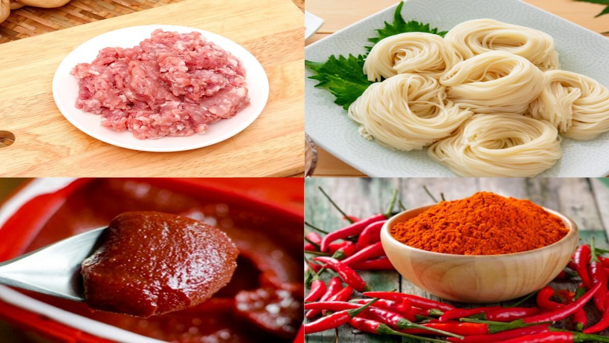 Ingredients for mixed noodle dish with minced meat