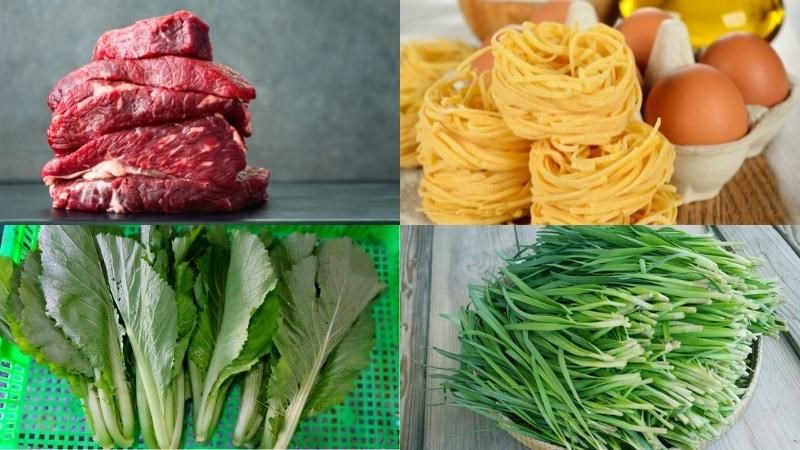 Ingredients for fried egg noodle with beef