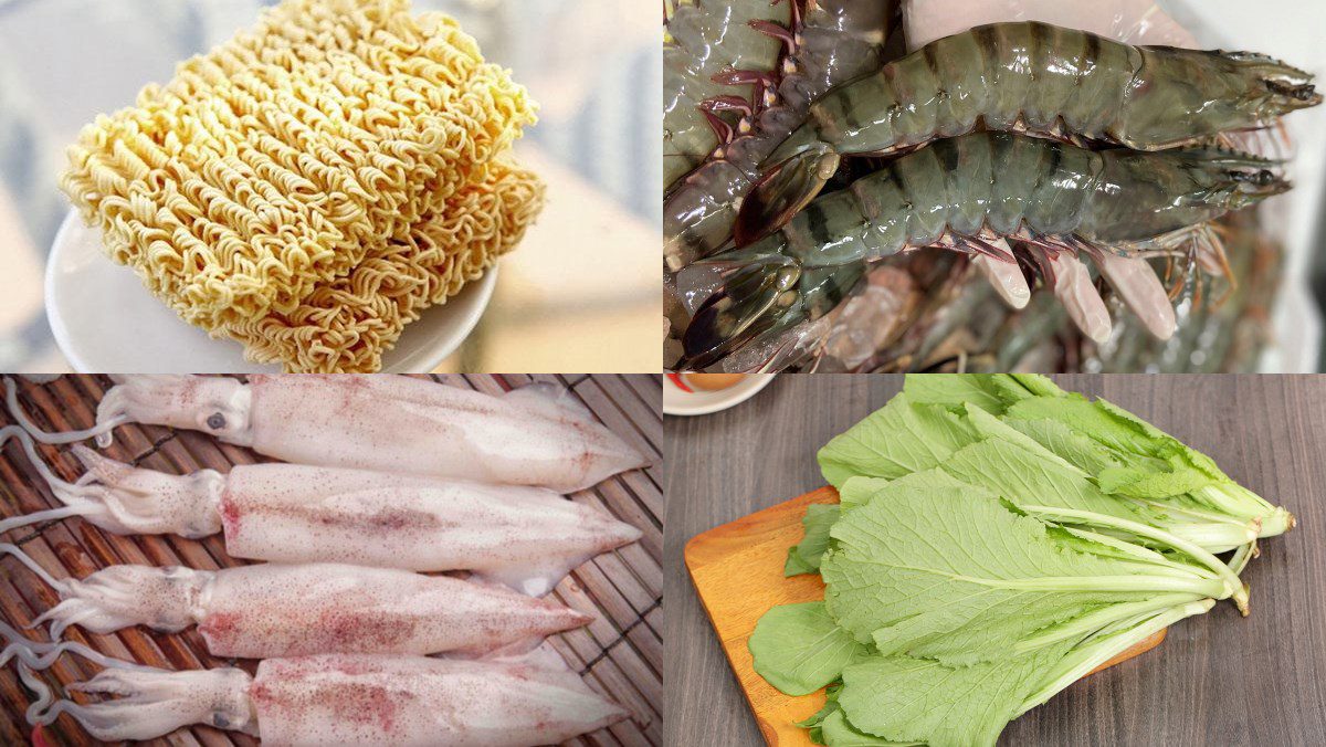 Ingredients for stir-fried noodle dish with shrimp and squid