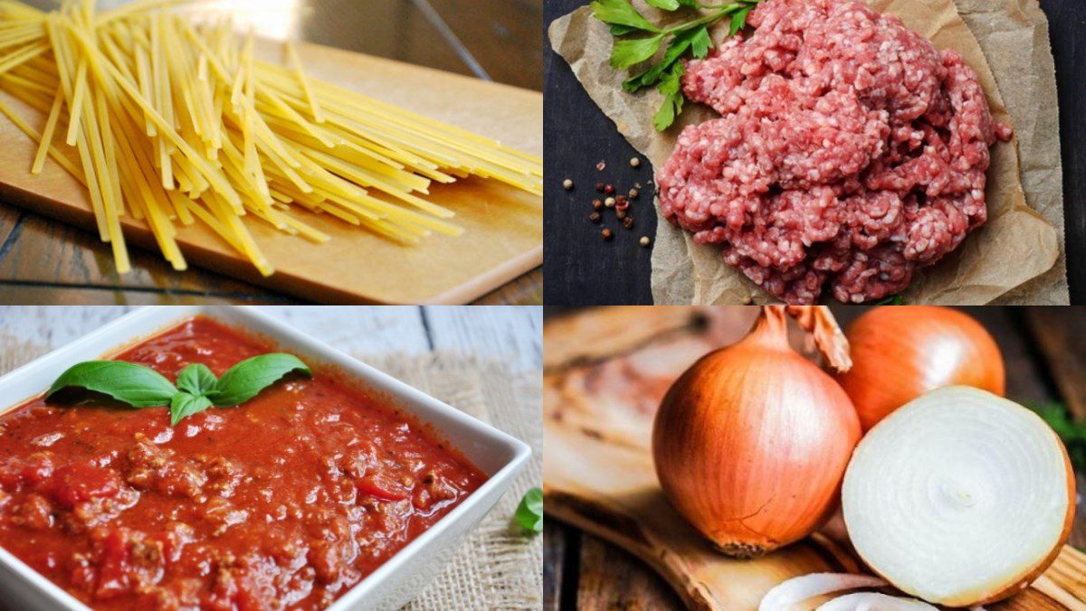 Ingredients for spaghetti with minced beef