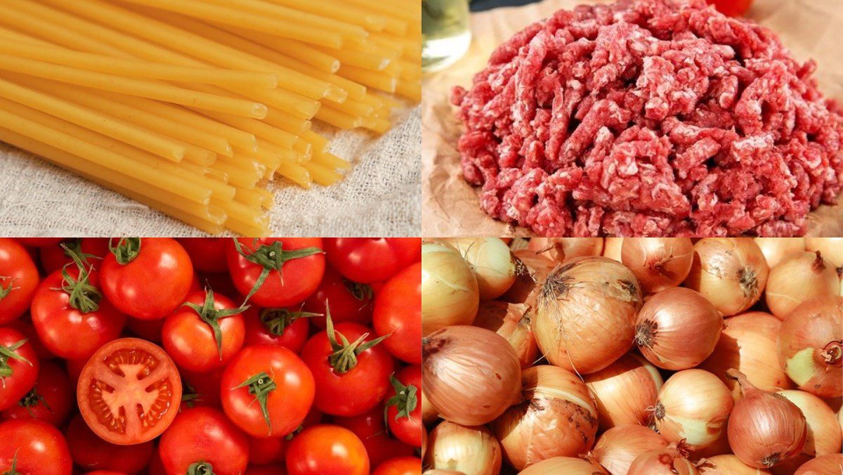 Ingredients for spaghetti with minced beef sauce