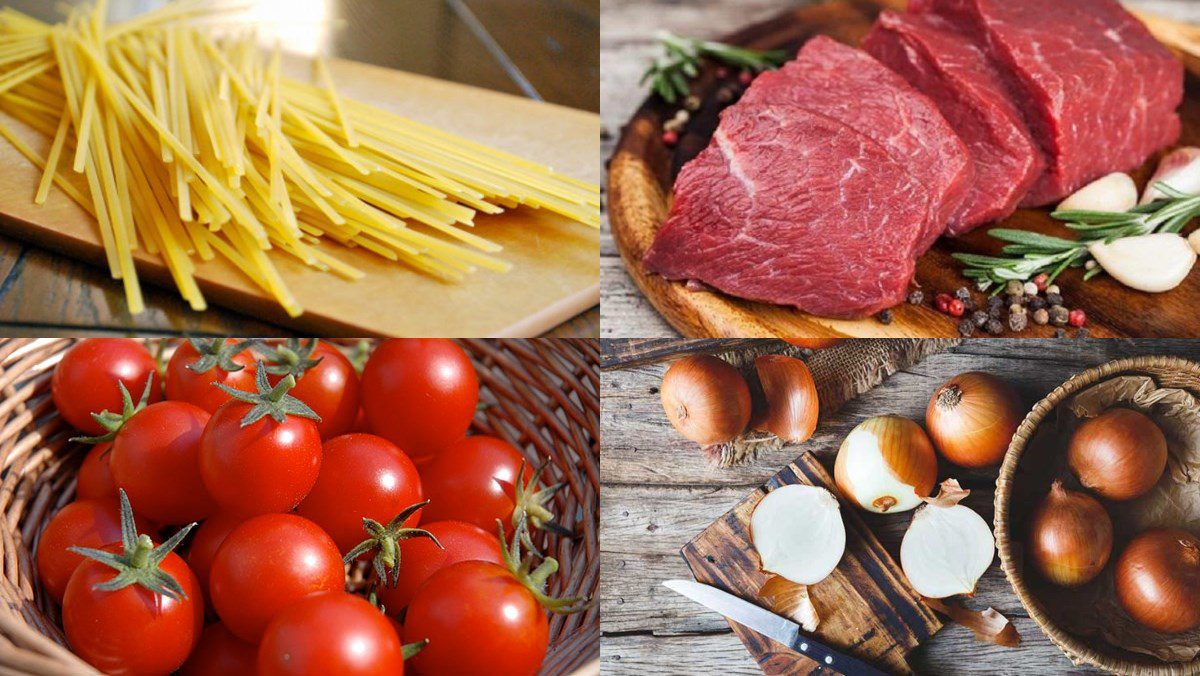 Ingredients for spaghetti with minced beef sauce