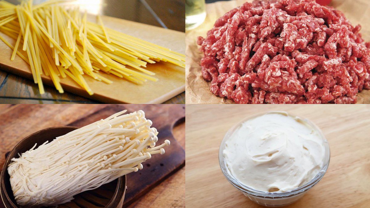 Ingredients for creamy cheese sauce pasta with beef and mushrooms