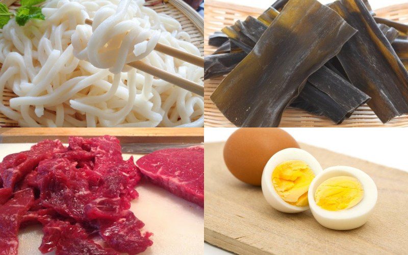 Ingredients for Udon noodles with beef and soft-boiled eggs