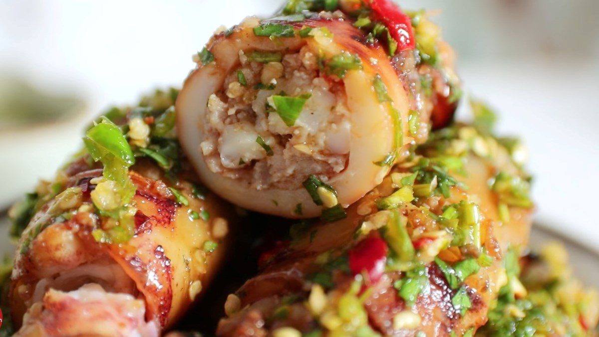 Grilled skewered stuffed squid