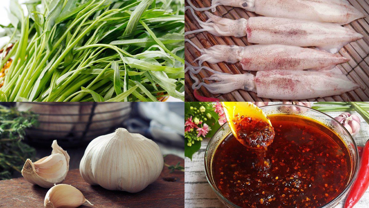 Ingredients for the dish 2 ways to make stir-fried squid with water spinach