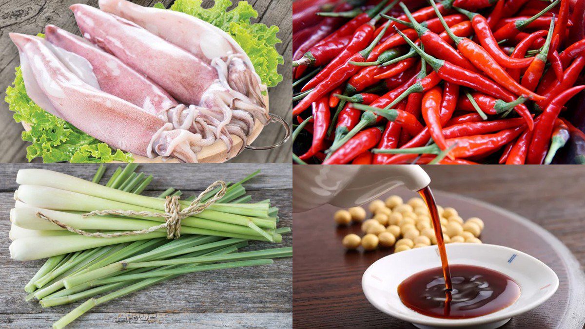 Ingredients for stir-fried squid with lemongrass and chili