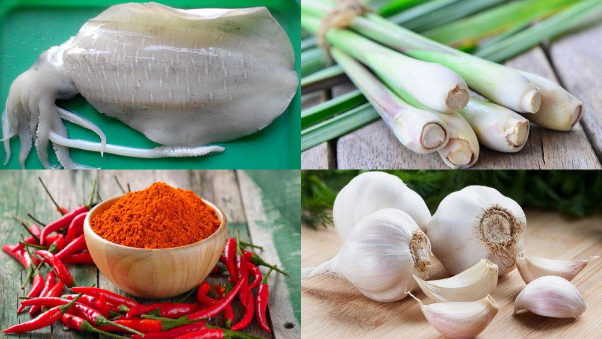 Ingredients for stir-fried squid with lemongrass and chili