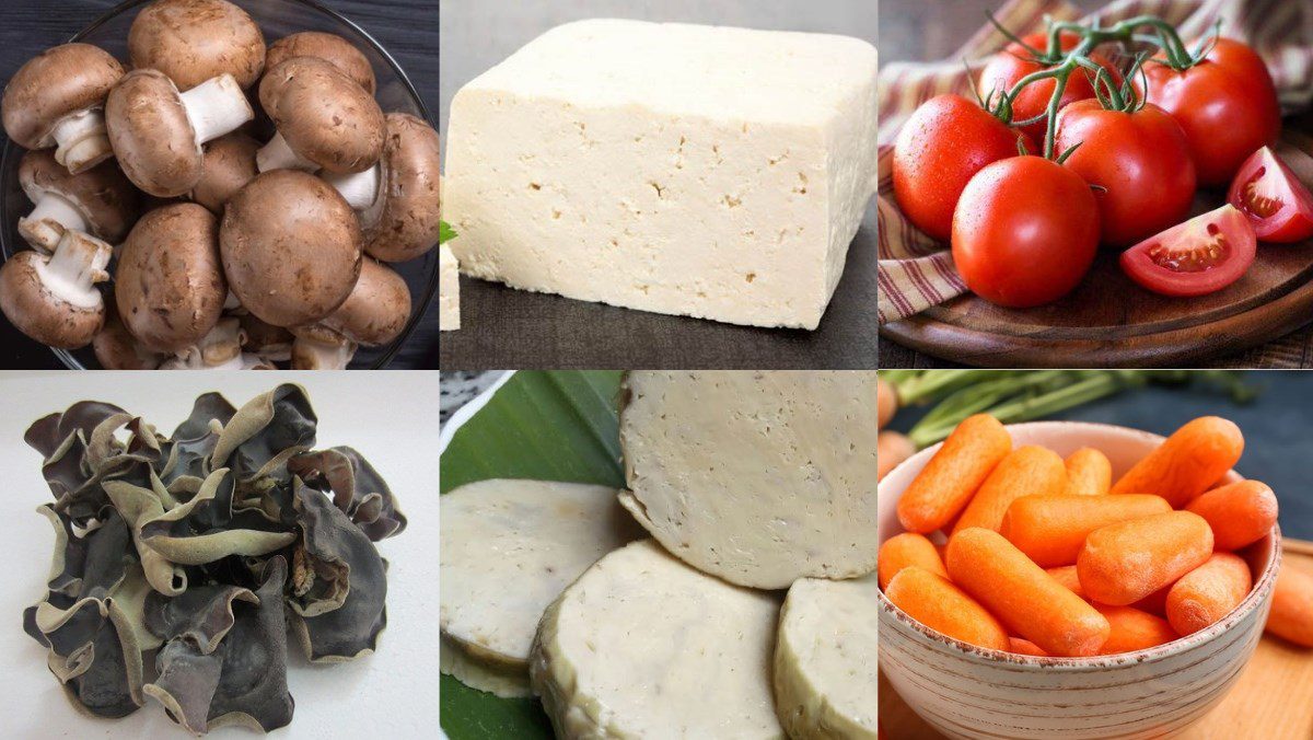 Ingredients for the dish of stuffed shiitake mushrooms with tomato sauce