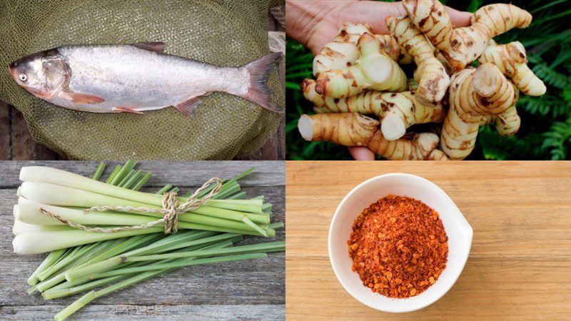 Ingredients for grilled snakehead fish with chili salt and galangal lemongrass