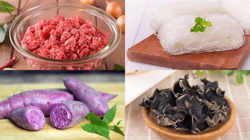 Ingredients for purple sweet potato pork spring rolls