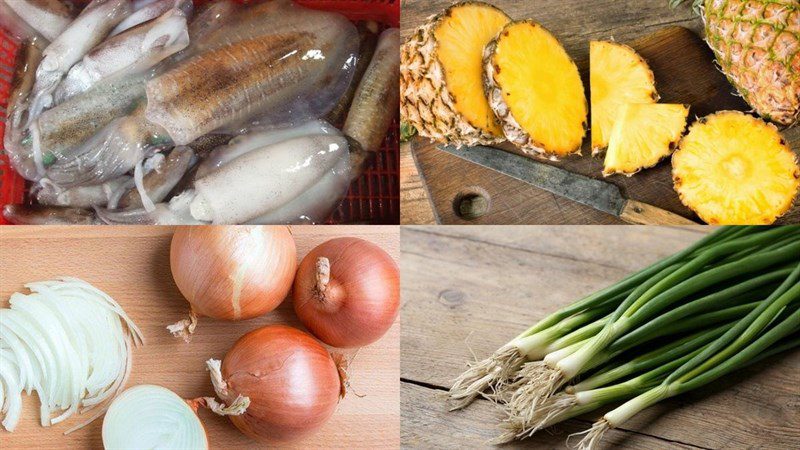 Ingredients for the dish stir-fried squid with pineapple and onion