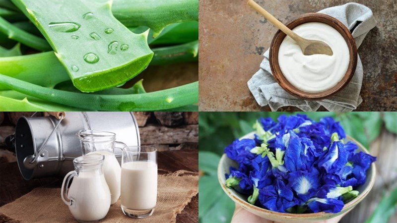 Ingredients for aloe vera yogurt, aloe vera yogurt with butterfly pea flower