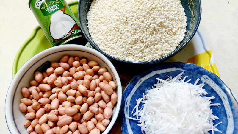 Ingredients for peanut coconut milk sticky rice dish