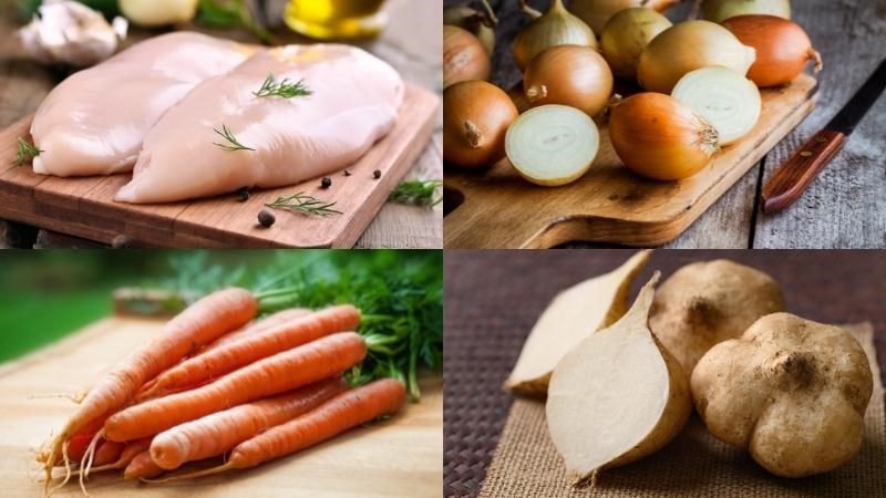 Ingredients for chicken salad with onion and carrot