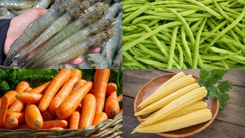 Ingredients for stir-fried shrimp with mixed vegetables