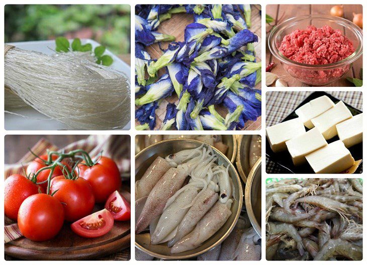 Ingredients for butterfly pea flower mixed noodle dish