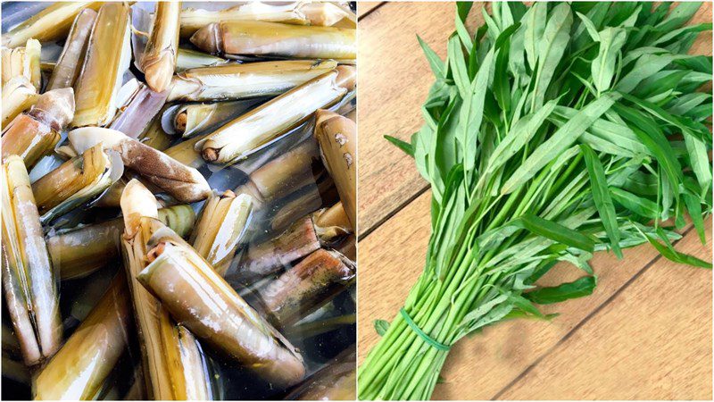 Ingredients for the dish 2 ways to make stir-fried razor clams with water spinach