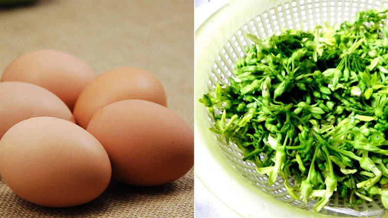 Ingredients for stir-fried morning glory with shrimp, eggs, chicken intestines