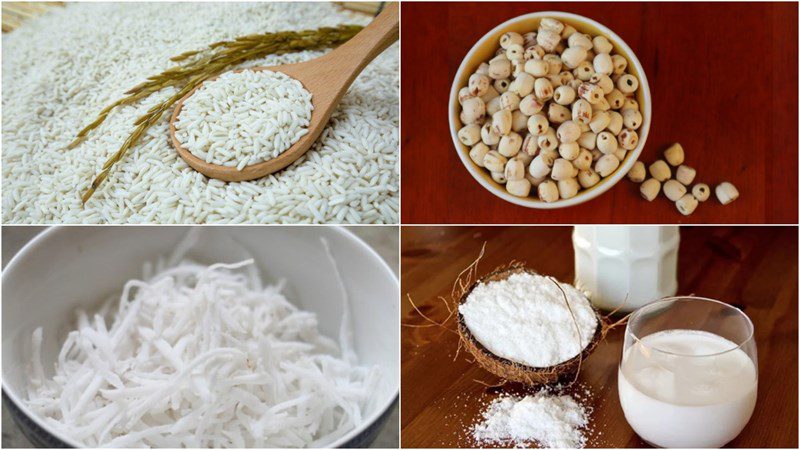 Ingredients for sticky rice with coconut and lotus seeds