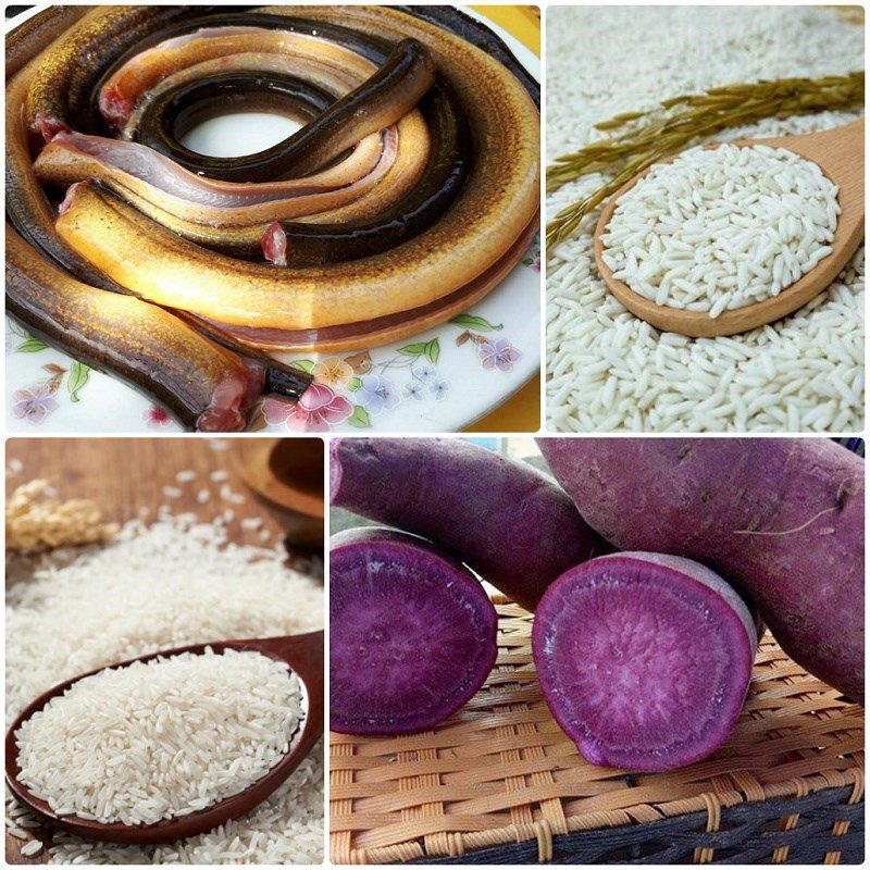 Ingredients for purple sweet potato eel porridge