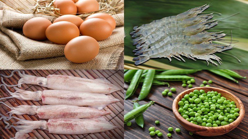 Ingredients for steamed egg dish with minced meat, seafood, vegetables