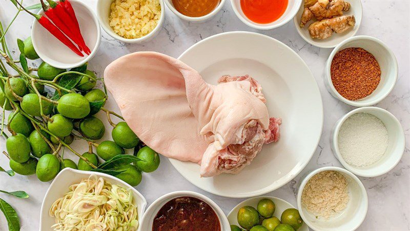 Ingredients for the dish of starfruit and pig ears salad