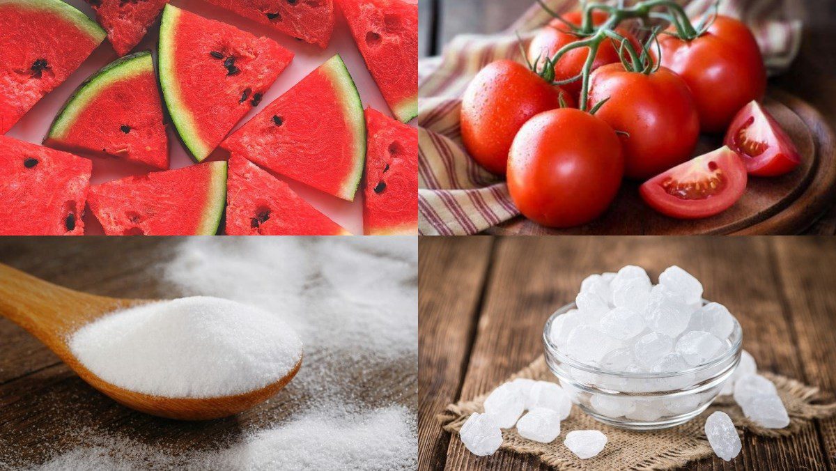 Ingredients for watermelon tomato juice using a blender