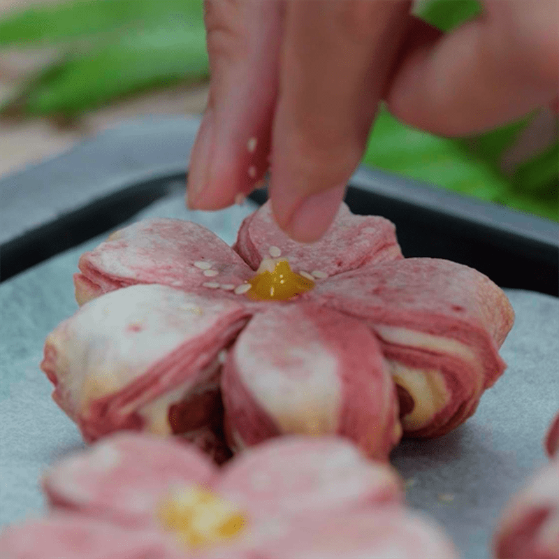 Step 6 Baking the cake Peach cake with layers of red bean filling