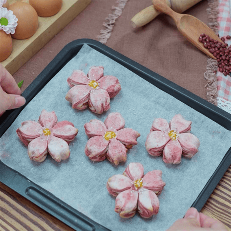 Step 6 Baking the cake Peach cake with layers of red bean filling