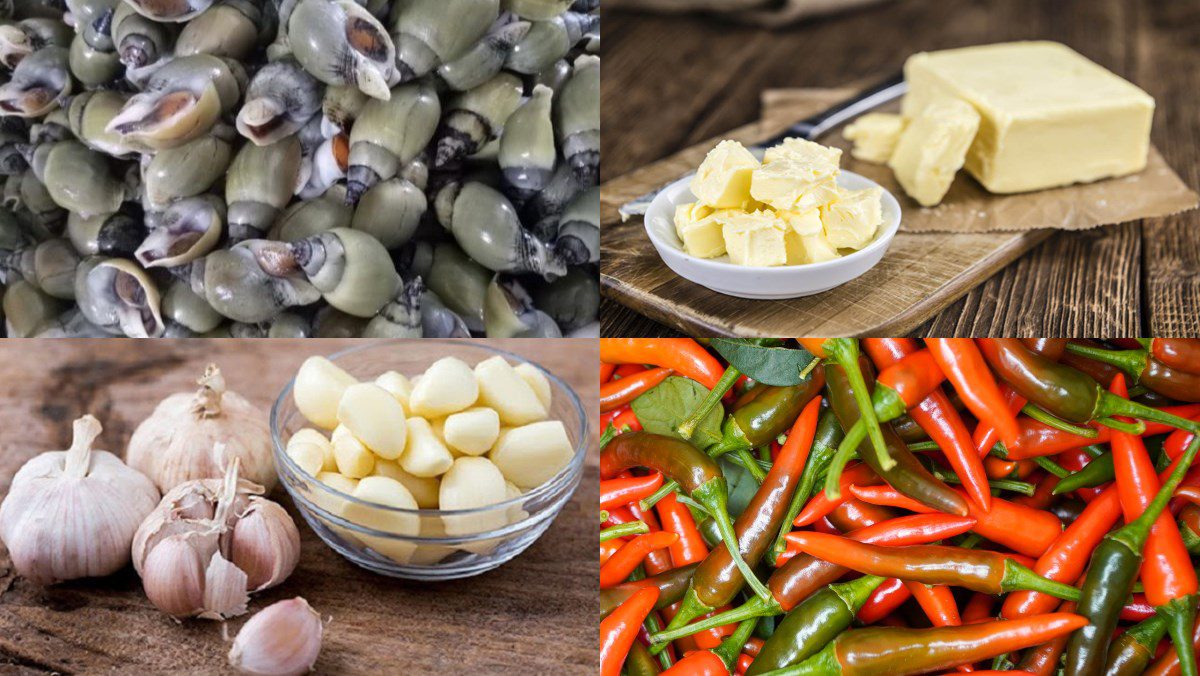 Ingredients for stir-fried apple snails with garlic butter and lemongrass chili