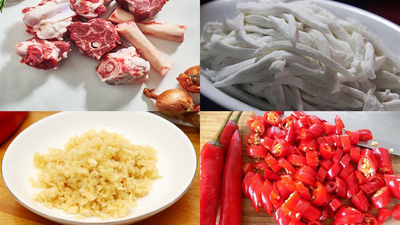 Ingredients for pork bone bánh canh dish