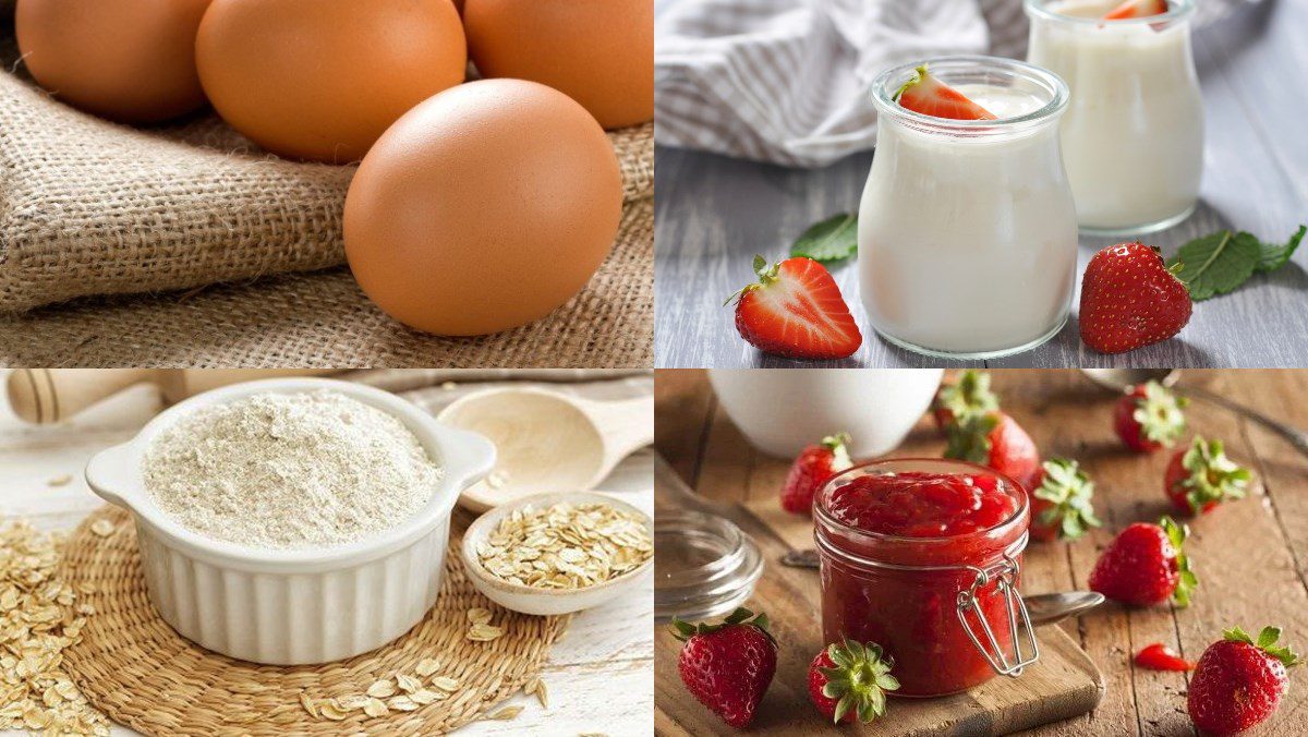 Ingredients for strawberry yogurt pancake using a non-stick pan