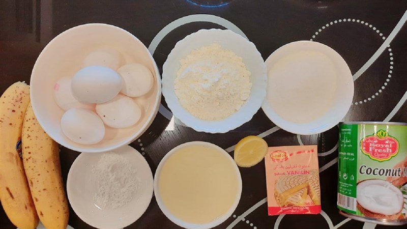 Ingredients for banana sponge cake baked in the oven