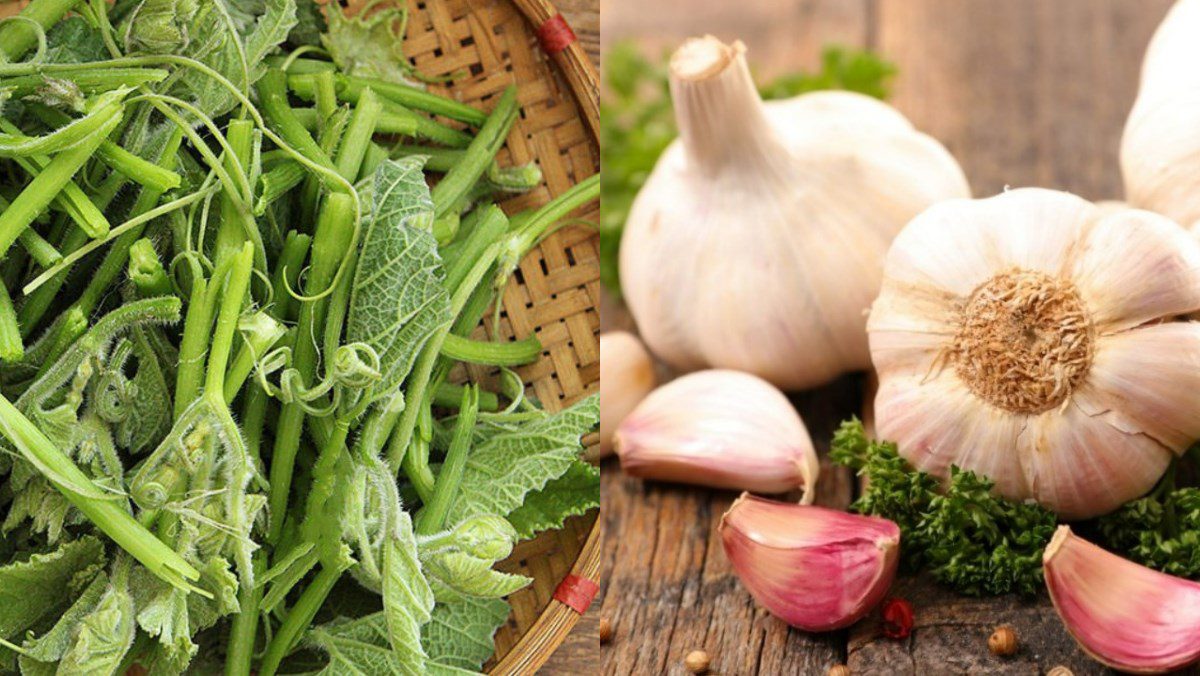 Ingredients for stir-fried gourd leaves with garlic, shrimp stir-fry