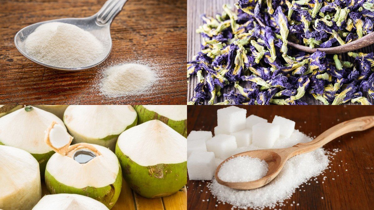 Ingredients for the jelly dish with butterfly pea flower and coconut