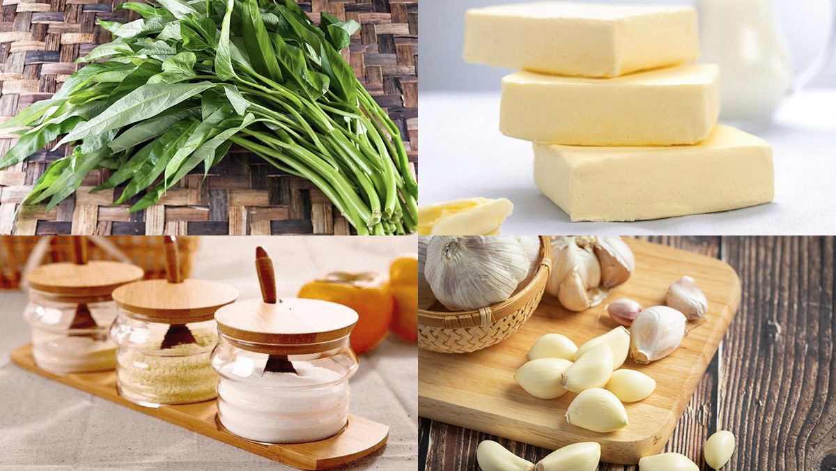 Ingredients for stir-fried water spinach with butter and garlic