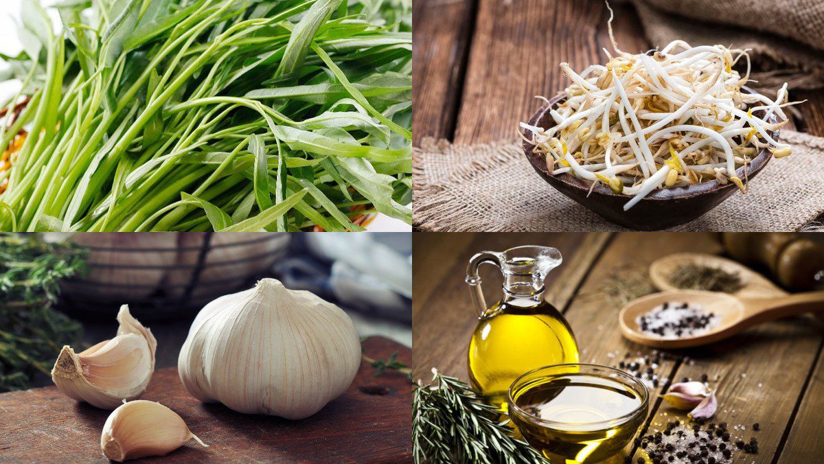 Ingredients for stir-fried water spinach with bean sprouts