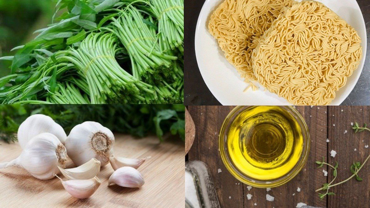 Ingredients for stir-fried water spinach with instant noodles