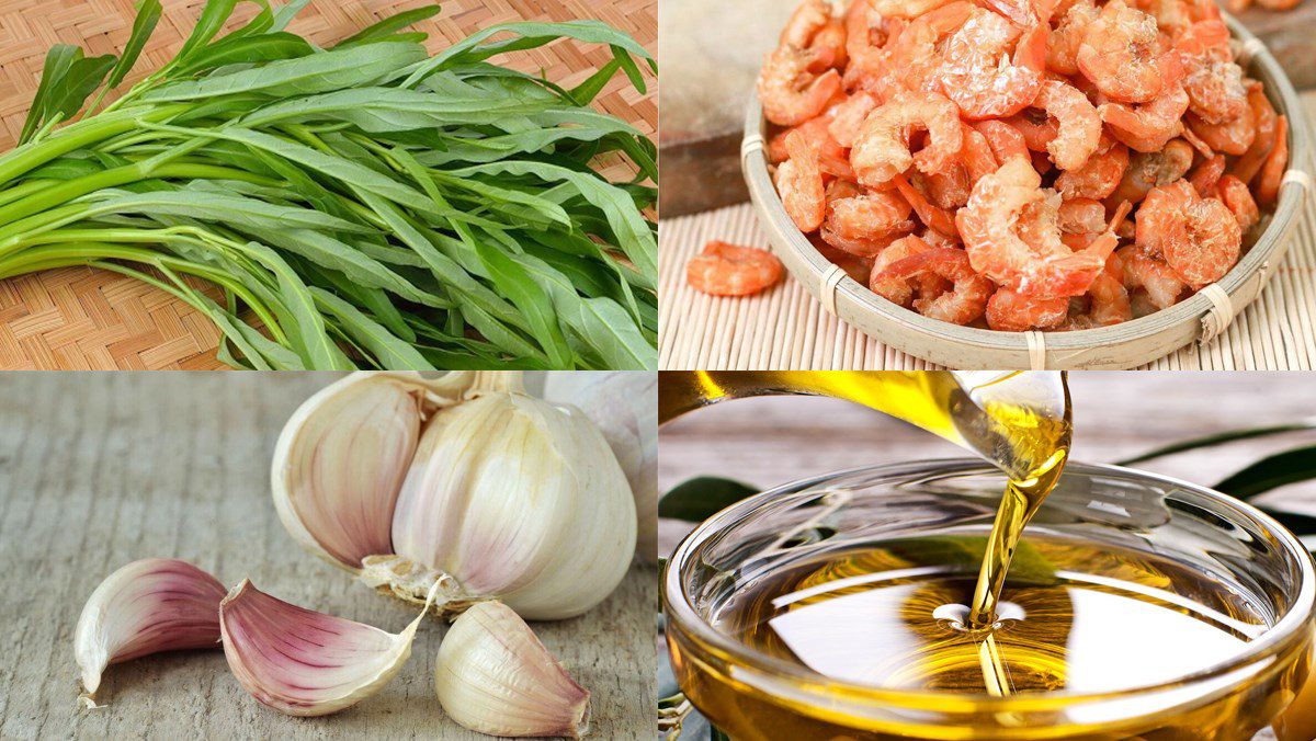 Ingredients for stir-fried water spinach with dried shrimp