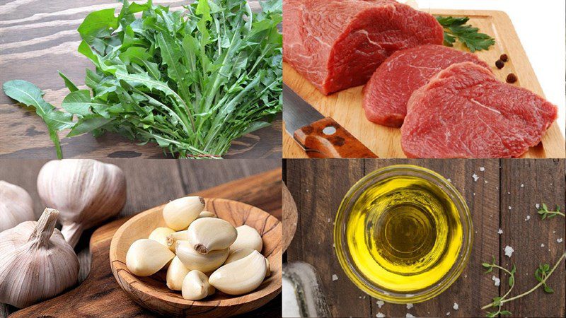 Ingredients for dandelion stir-fried with garlic and beef