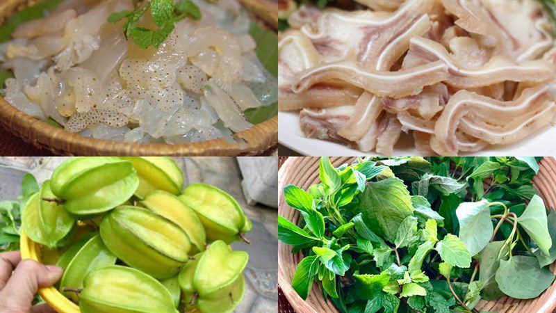 Ingredients for jellyfish and papaya salad, jellyfish with fragrant herbs