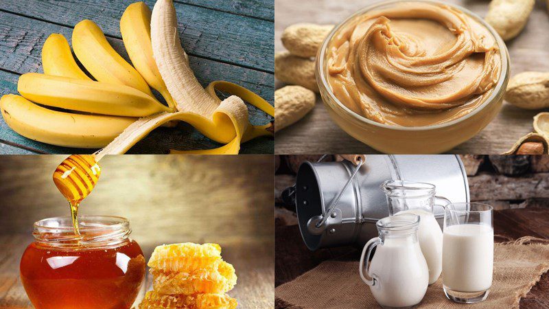 Ingredients for banana peanut butter smoothie