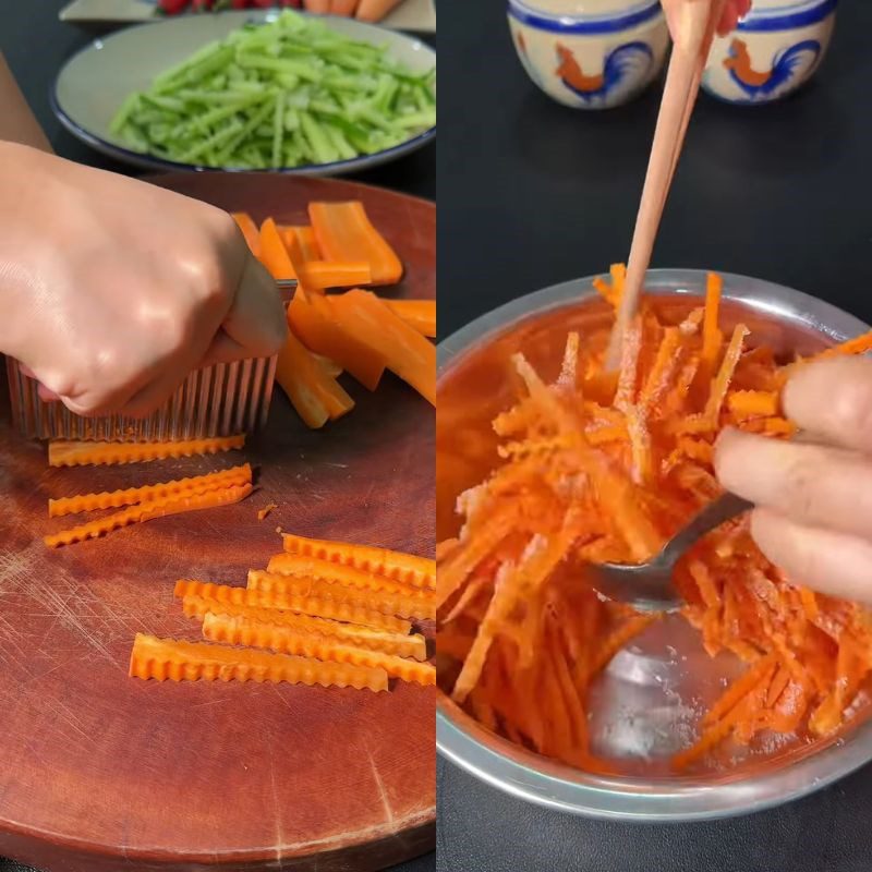 Step 5 Preparing carrots, cucumbers, and pork rolls for the Vietnamese pork roll salad