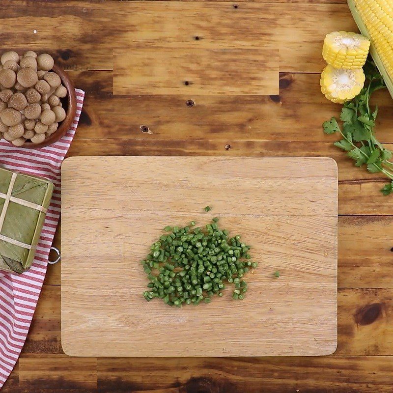 Step 1 Prepare and briefly blanch the mushrooms and vegetables for Five-color Fried Bánh Chưng (Bánh Tét)