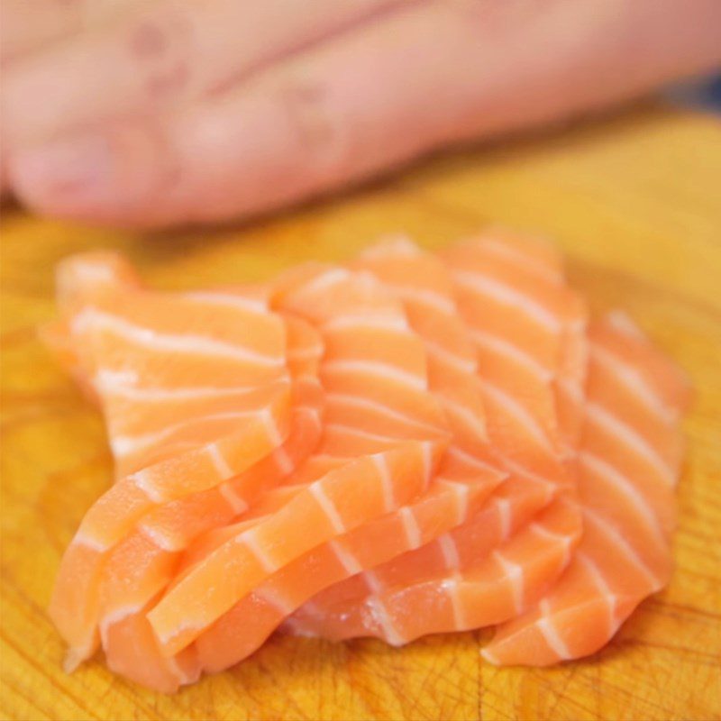 Step 2 Prepare and slice salmon, avocado for sushi birthday cake